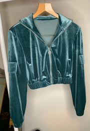 The Real Teal - Velour Zip Up Cropped Tracksuit Jacket with Diamante Zip Detail