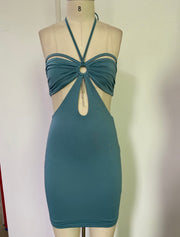 Siren - Cut Out Halter Neck Mini Dress with Diamante Detail in Teal