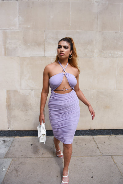 Purple Rain - Halter Neck Midi Dress with Gold Ring Detail in Lilac
